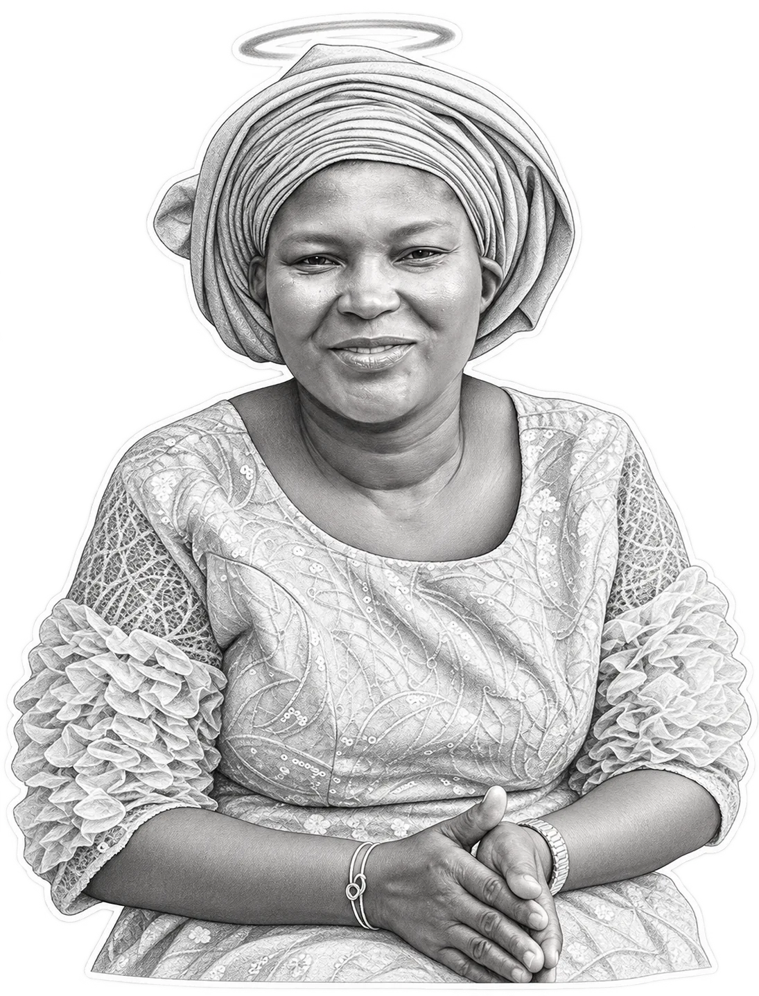 Monochrome illustration of my late mum with a halo