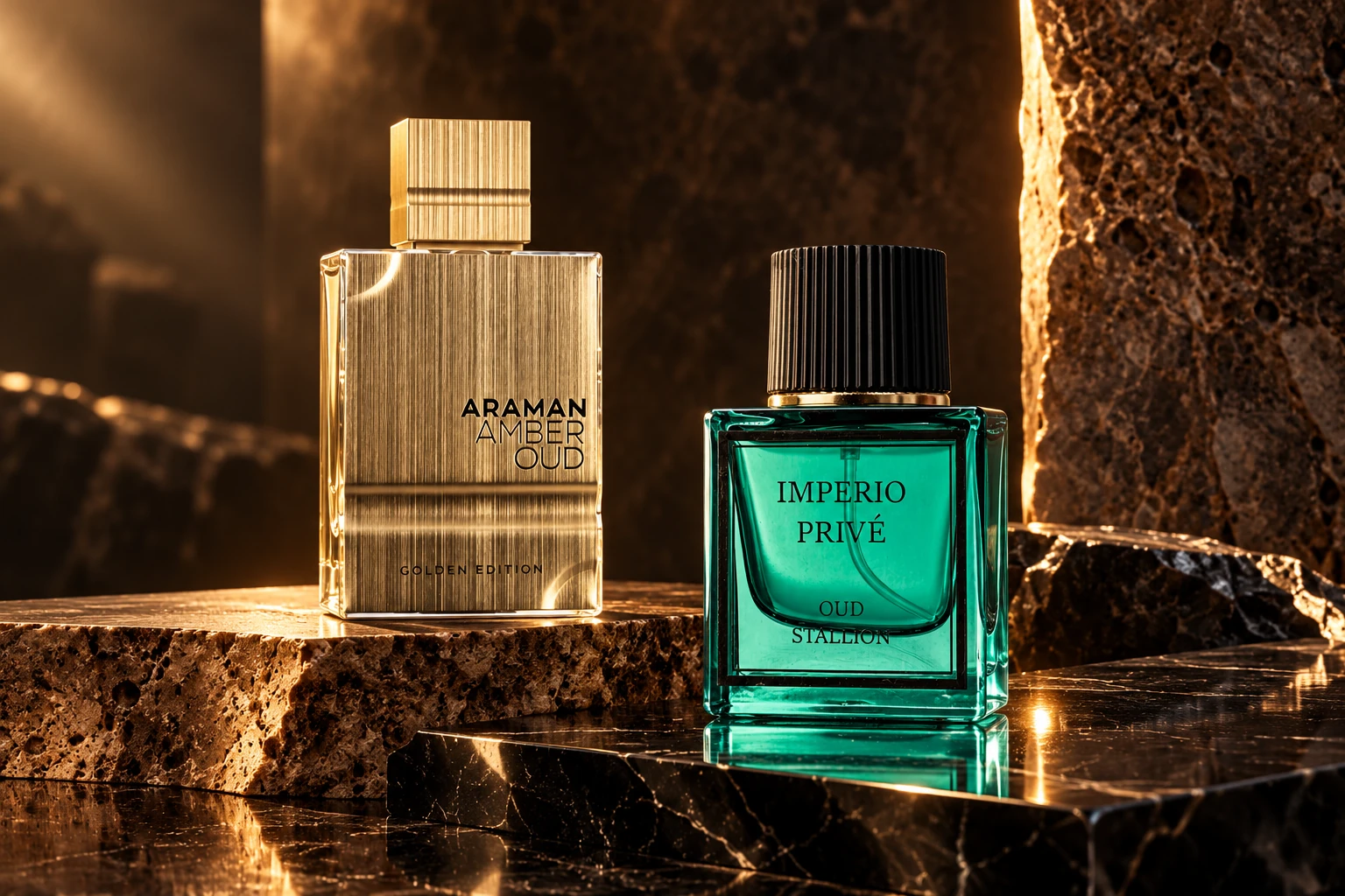 Gold Araman Amber Oud and emerald Imperio Privé perfume bottles in an editorial setting of dark stone and warm light