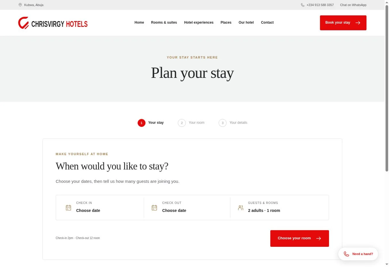 Chrisvirgy Hotels reservation flow with three steps and date and guest controls
