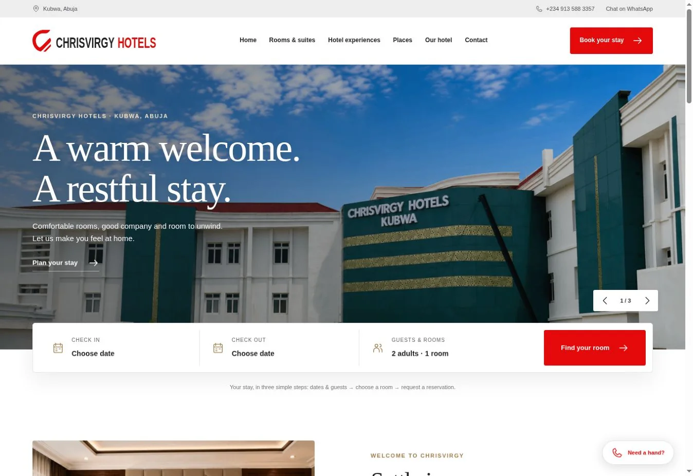 Chrisvirgy Hotels homepage with hotel photography and date-first stay planning