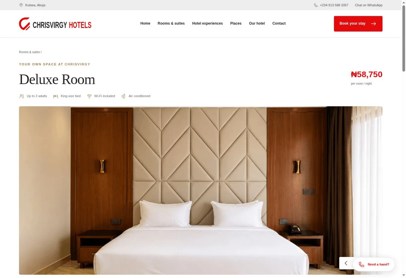Chrisvirgy Hotels Deluxe Room page with nightly rate, guest capacity, amenities and photo gallery