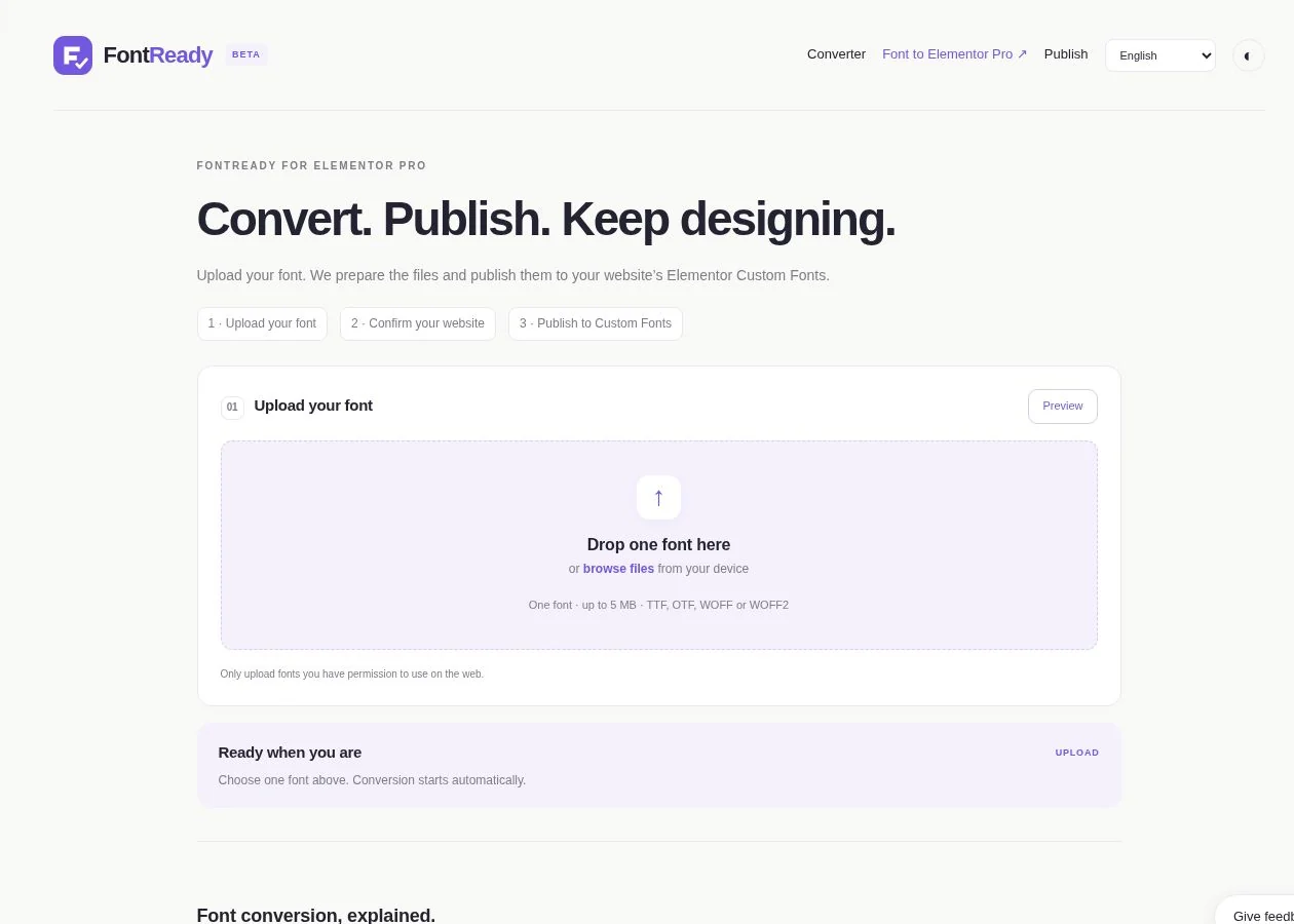 FontReady’s dedicated font-to-Elementor Pro upload and publishing interface