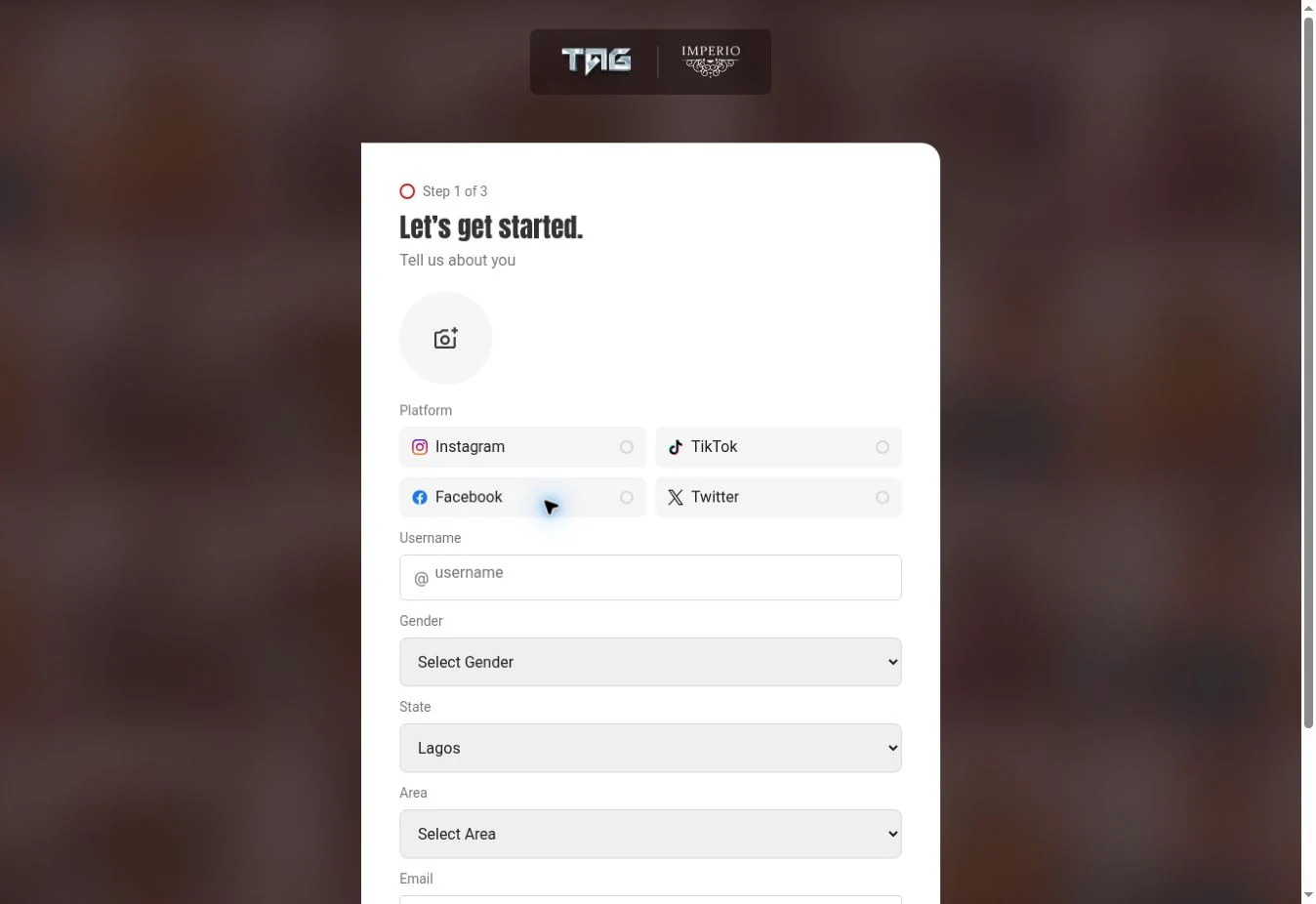 TAG’s profile setup interface with social platform, gender and location fields