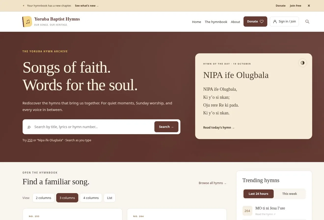 Yoruba Baptist Hymns homepage with hymn search and reading options